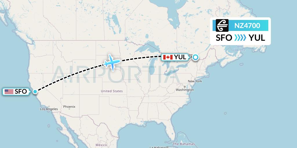 NZ4700 Air New Zealand Flight Map: San Francisco to Montreal