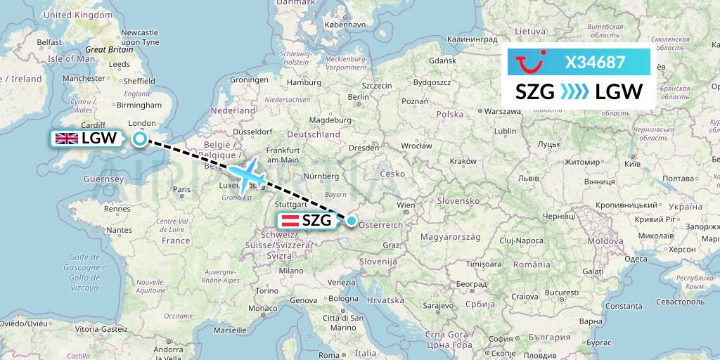X34687 TUI fly Germany Flight Map: Salzburg to London