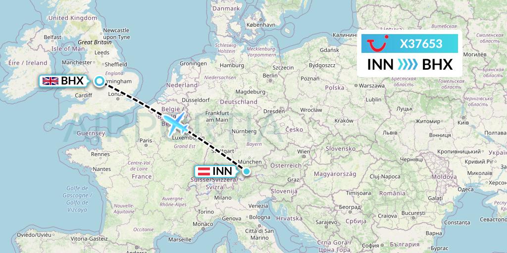 X37653 TUI fly Germany Flight Map: Innsbruck to Birmingham