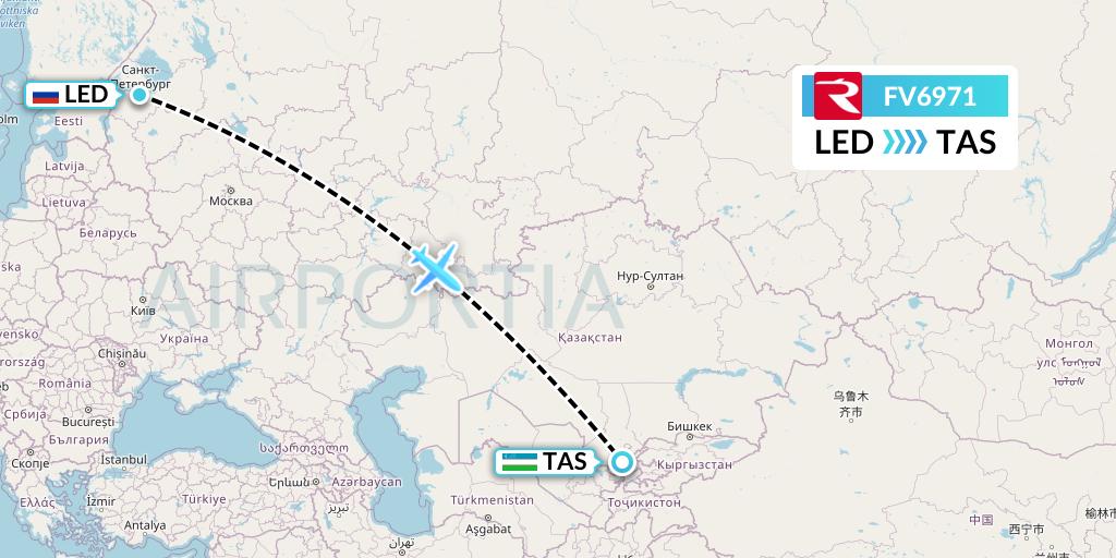 FV6971 Rossiya Flight Map: St. Petersburg to Tashkent