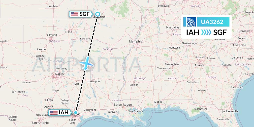 UA3262 United Airlines Flight Map: Houston to Springfield