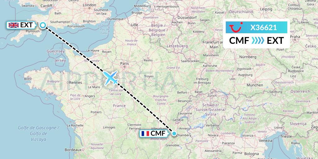 X36621 TUI fly Germany Flight Map: Chambery to Exeter