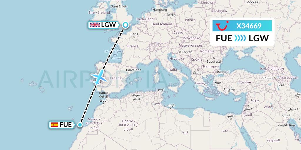 X34669 TUI fly Germany Flight Map: Fuerteventura to London