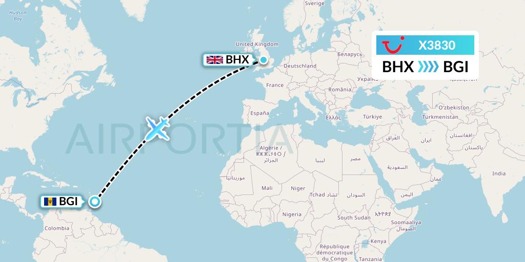 X3830 TUI fly Germany Flight Map: Birmingham to Bridgetown