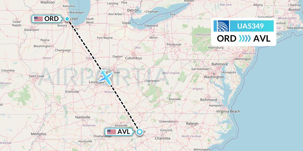 UA5349 United Airlines Flight Map: Chicago to Asheville