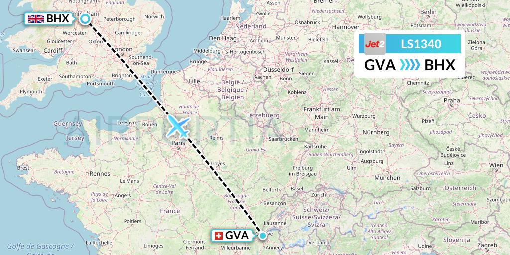 LS1340 Jet2 Flight Map: Geneva to Birmingham