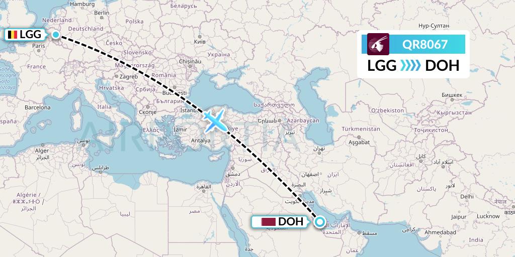 QR8067 Qatar Airways Flight Map: Liege to Doha
