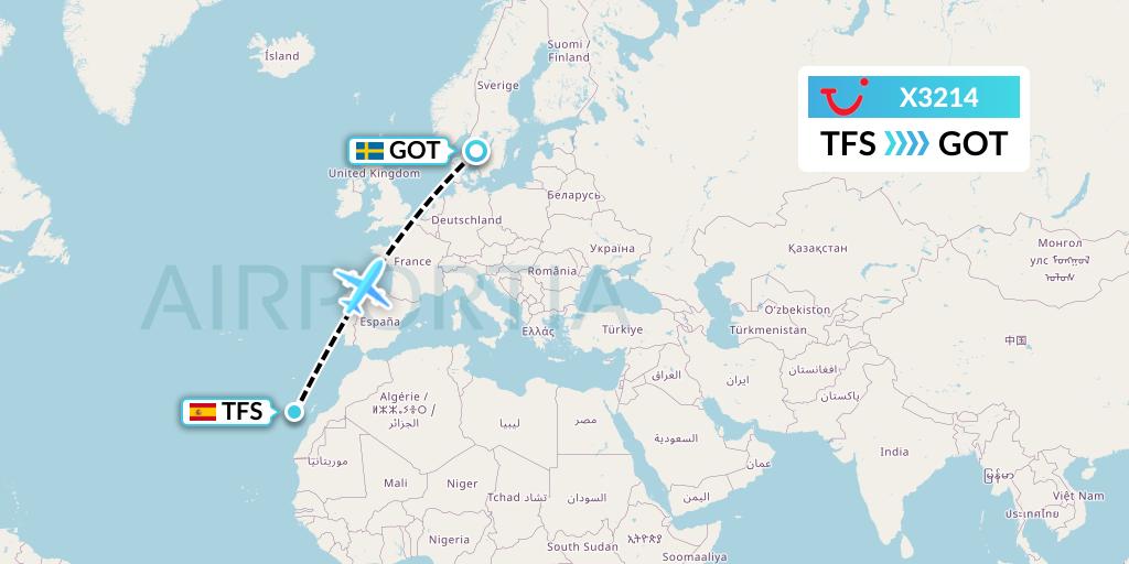 X3214 TUI fly Germany Flight Map: Tenerife to Gothenburg