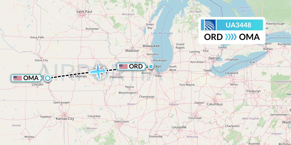 UA3448 United Airlines Flight Map: Chicago to Omaha
