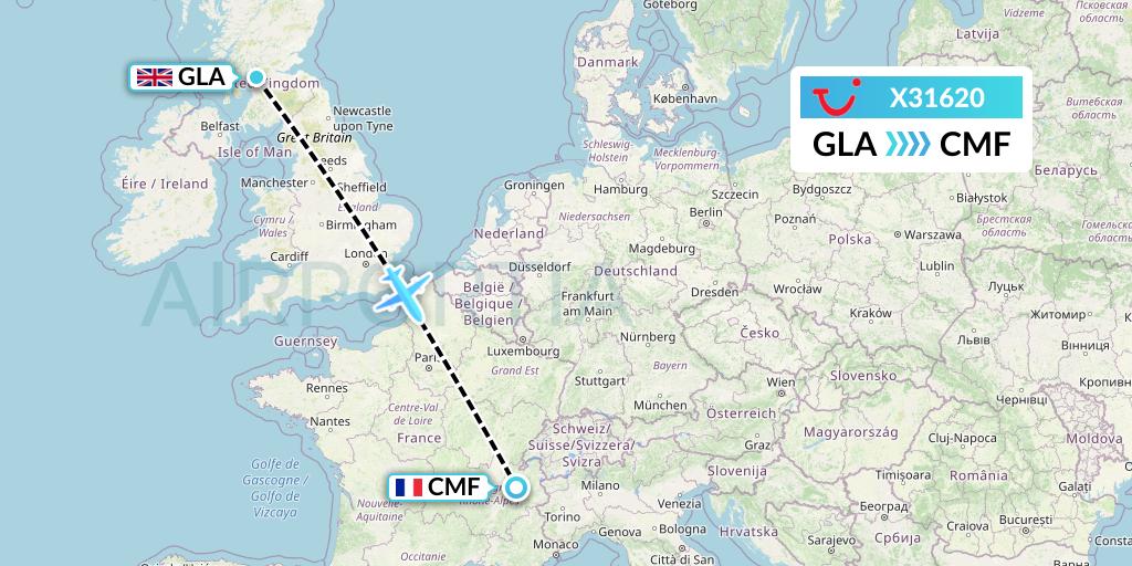 X31620 TUI fly Germany Flight Map: Glasgow to Chambery
