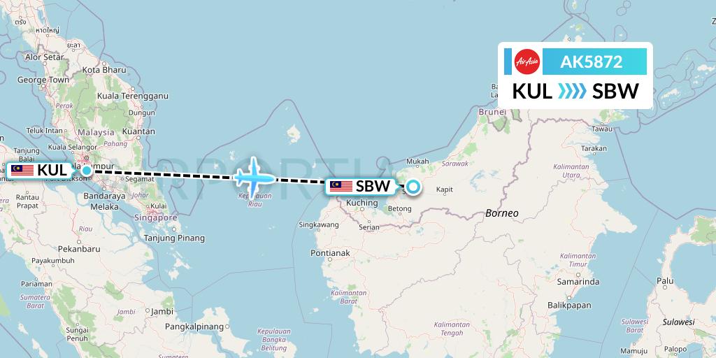 AK5872 AirAsia Flight Map: Kuala Lumpur to Sibu