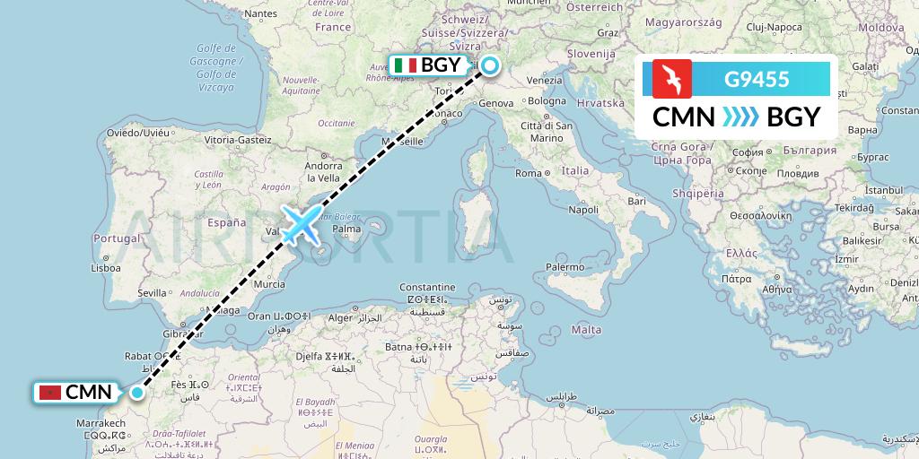 G9455 Air Arabia Flight Map: Casablanca to Milan