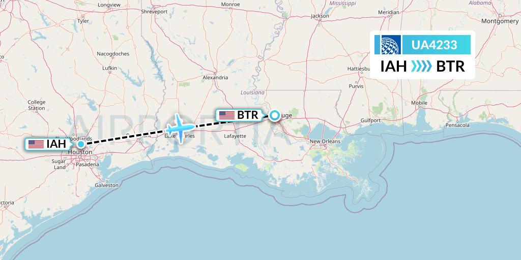UA4233 United Airlines Flight Map: Houston to Baton Rouge