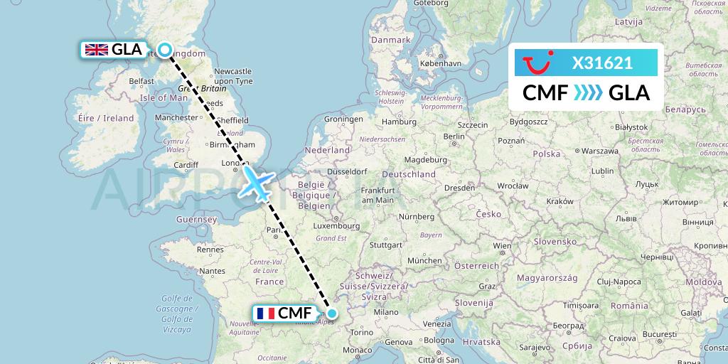 X31621 TUI fly Germany Flight Map: Chambery to Glasgow