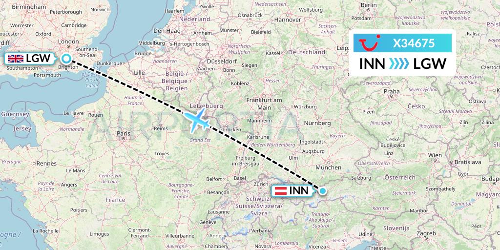 X34675 TUI fly Germany Flight Map: Innsbruck to London