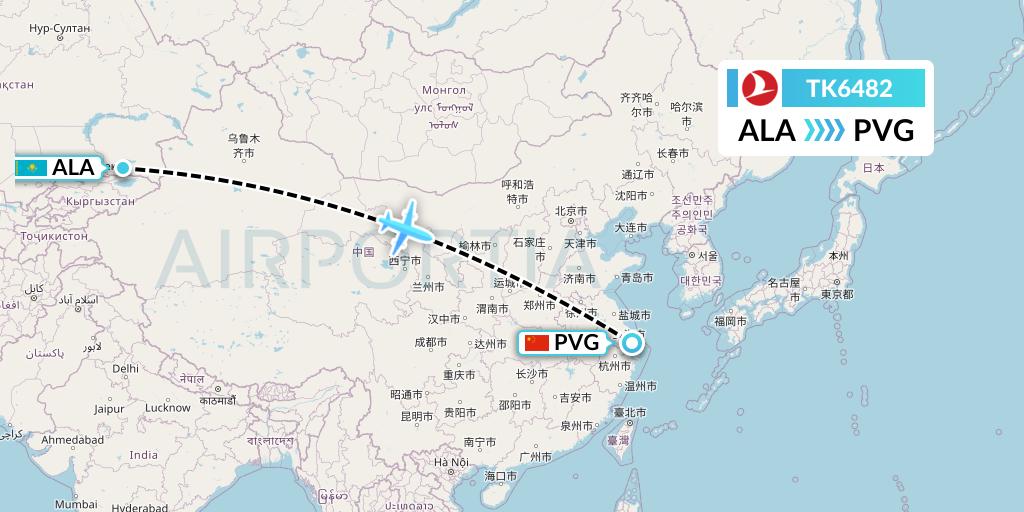 TK6482 Turkish Airlines Flight Map: Almaty to Shanghai