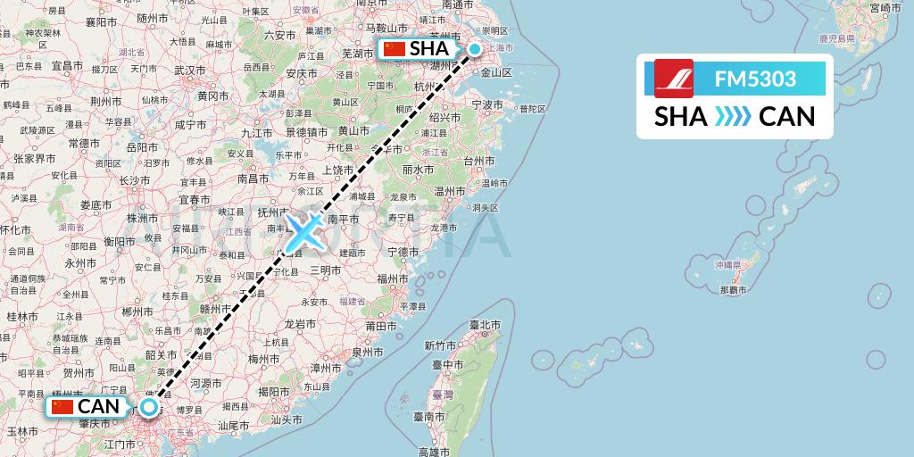 FM5303 Shanghai Airlines Flight Map: Shanghai to Guangzhou