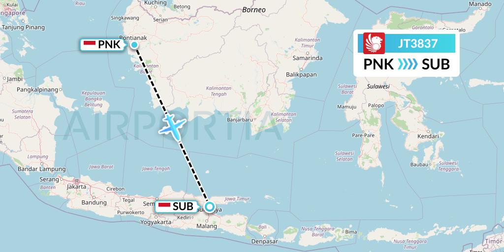 JT3837 Lion Airlines Flight Map: Pontianak to Surabaya