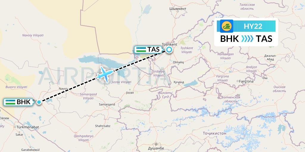 HY22 Uzbekistan Airways Flight Map: Bukhara to Tashkent