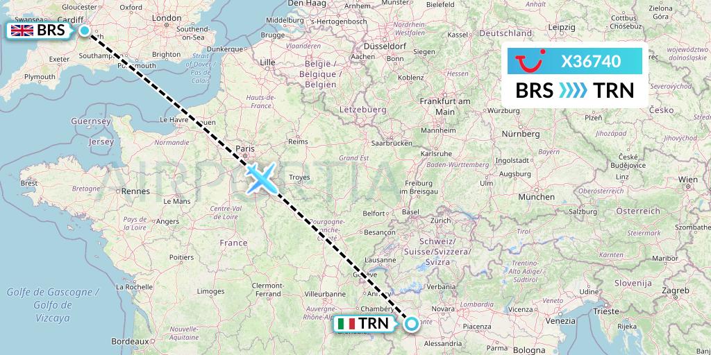 X36740 TUI fly Germany Flight Map: Bristol to Turin