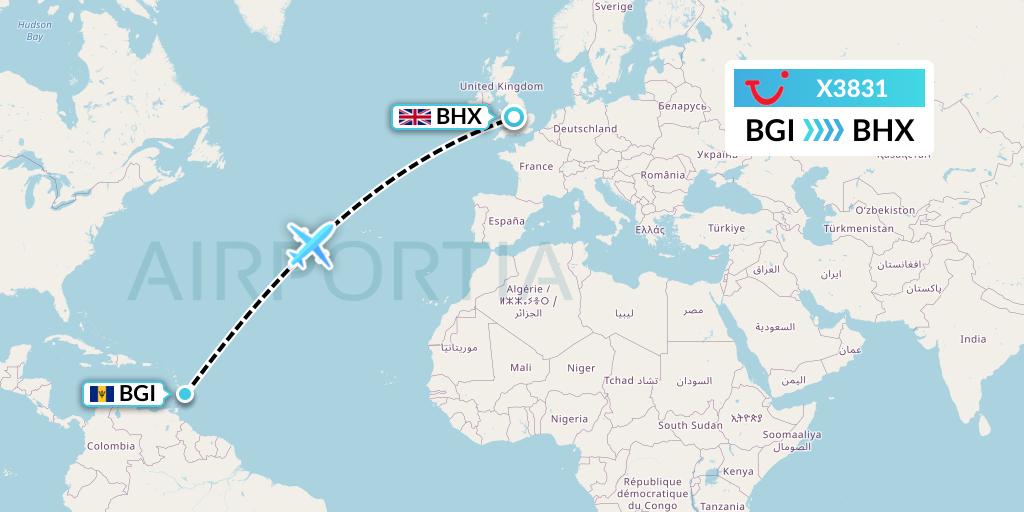 X3831 TUI fly Germany Flight Map: Bridgetown to Birmingham