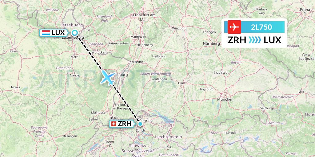 2L750 Helvetic Airways Flight Map: Zurich to Luxembourg