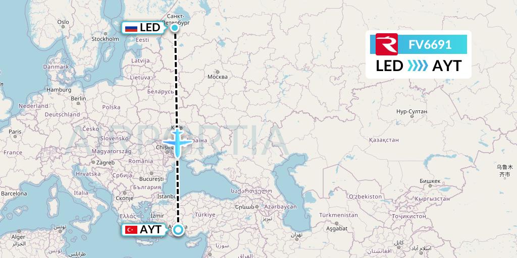 FV6691 Rossiya Flight Map: St. Petersburg to Antalya