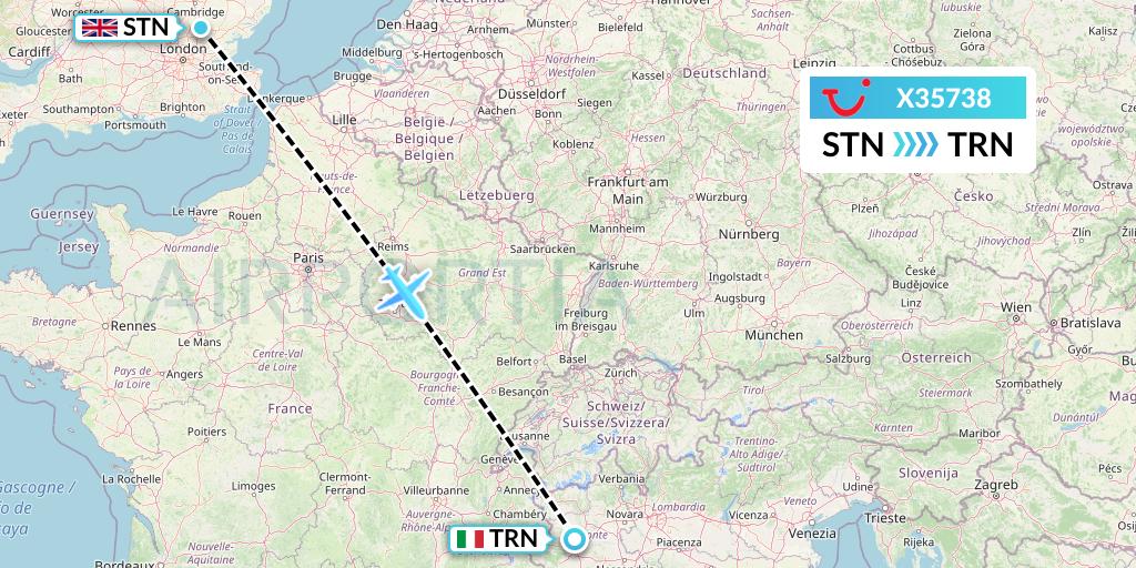 X35738 TUI fly Germany Flight Map: London to Turin