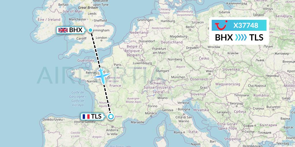X37748 TUI fly Germany Flight Map: Birmingham to Toulouse
