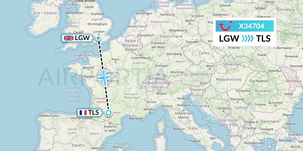X34704 TUI fly Germany Flight Map: London to Toulouse