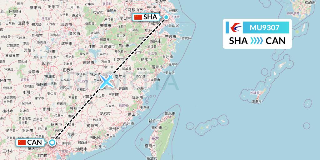 MU9307 China Eastern Airlines Flight Map: Shanghai to Guangzhou