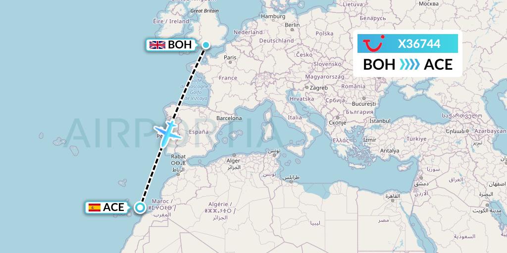 X36744 TUI fly Germany Flight Map: Bournemouth to Lanzarote