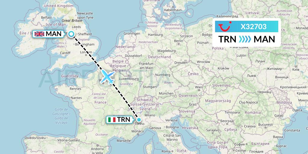 X32703 TUI fly Germany Flight Map: Turin to Manchester