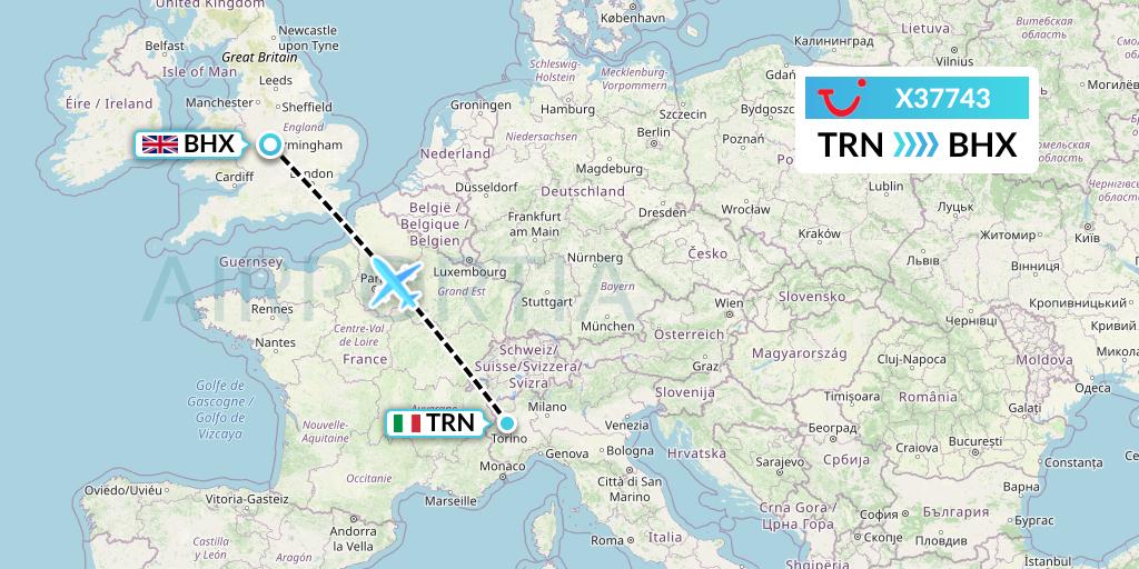 X37743 TUI fly Germany Flight Map: Turin to Birmingham