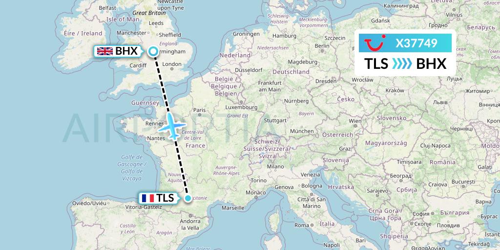 X37749 TUI fly Germany Flight Map: Toulouse to Birmingham