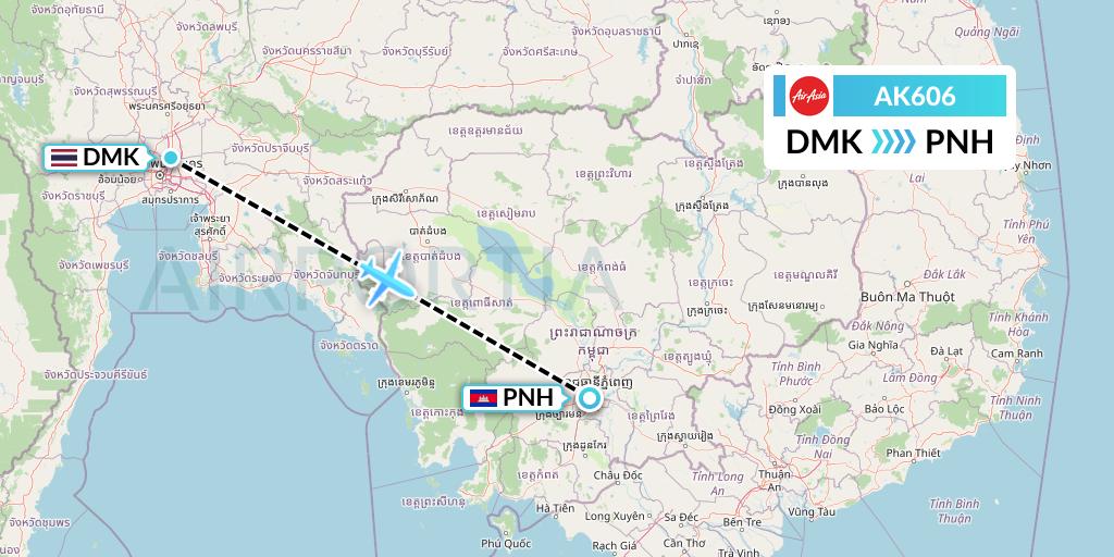 AK606 AirAsia Flight Map: Bangkok to Phnom Penh