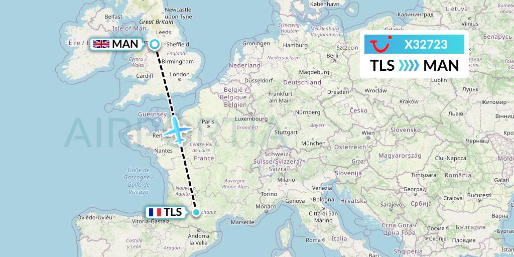 X32723 TUI fly Germany Flight Map: Toulouse to Manchester