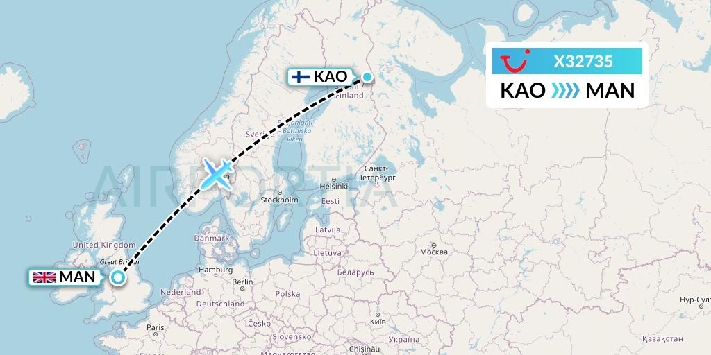 X32735 TUI fly Germany Flight Map: Kuusamo to Manchester