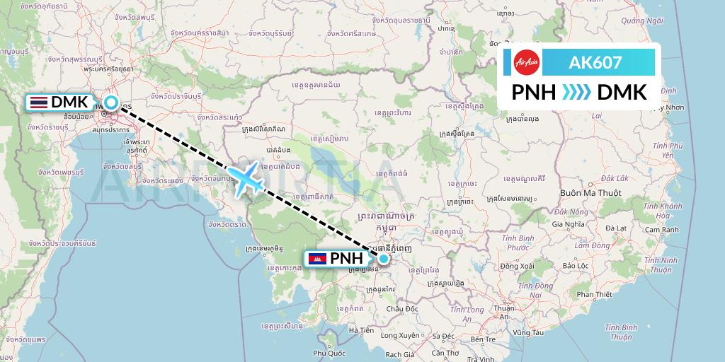 AK607 AirAsia Flight Map: Phnom Penh to Bangkok