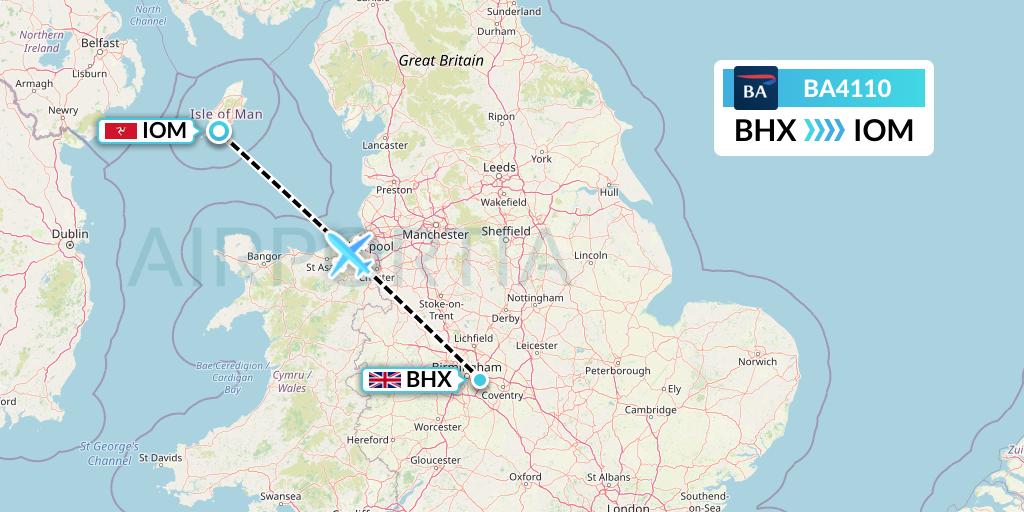 BA4110 British Airways Flight Map: Birmingham to Isle of Man