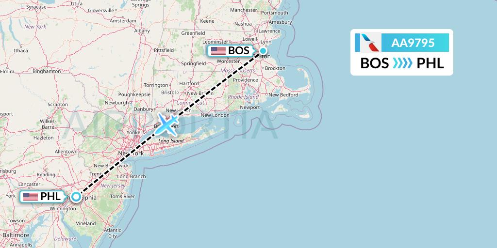 AA9795 American Airlines Flight Map: Boston to Philadelphia