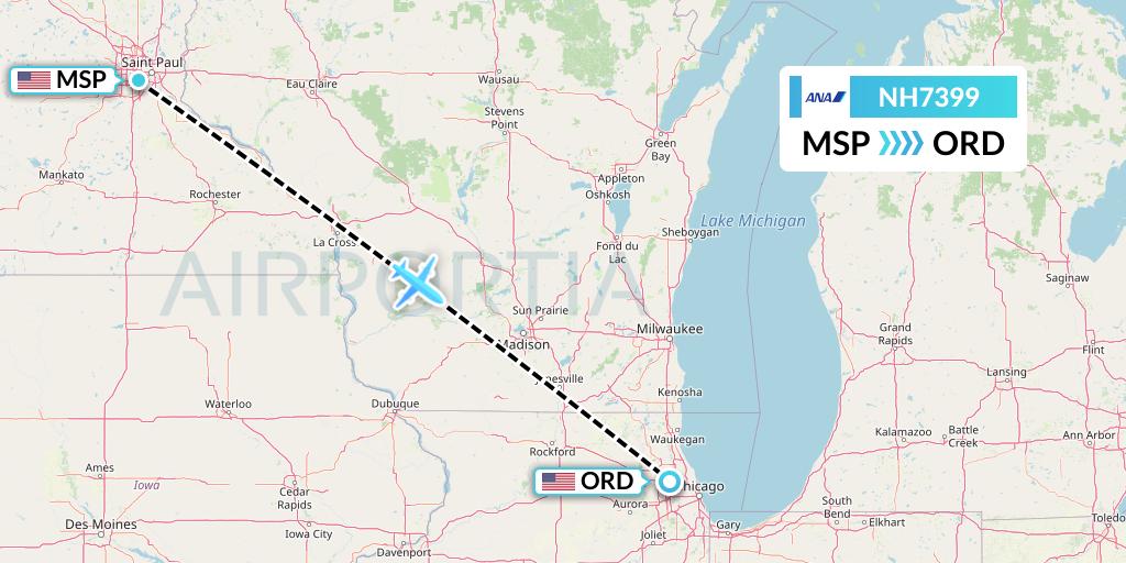 NH7399 All Nippon Airways Flight Map: Minneapolis to Chicago