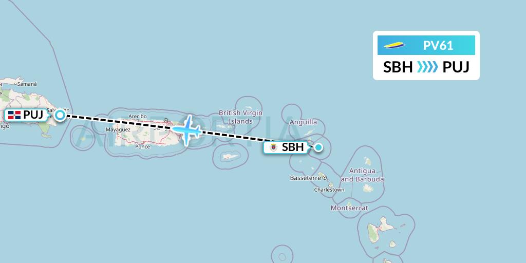 PV61 St. Barth Commuter Flight Map: St. Jean to Punta Cana