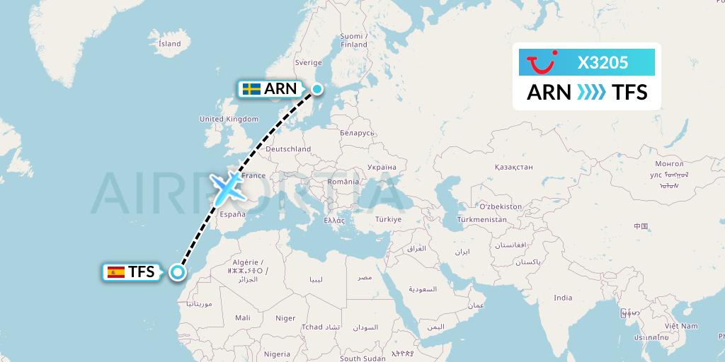 X3205 TUI fly Germany Flight Map: Stockholm to Tenerife