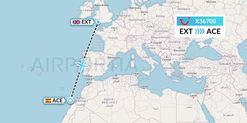 X36700 TUI fly Germany Flight Map: Exeter to Lanzarote