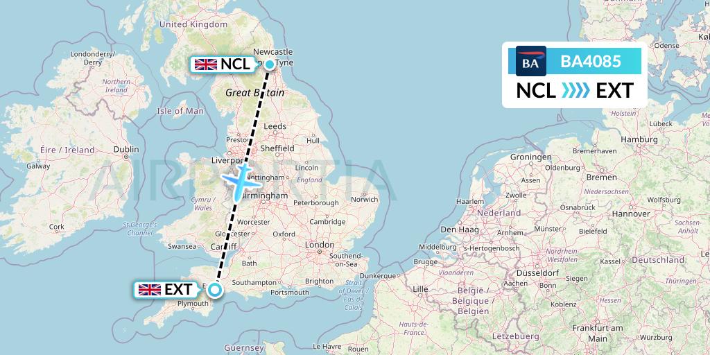BA4085 British Airways Flight Map: Newcastle to Exeter