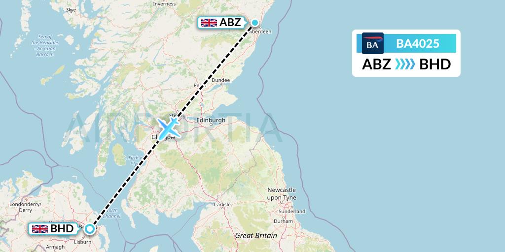 BA4025 British Airways Flight Map: Aberdeen to Belfast