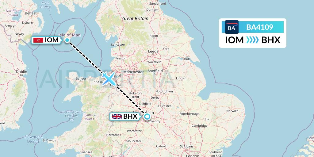BA4109 British Airways Flight Map: Isle of Man to Birmingham