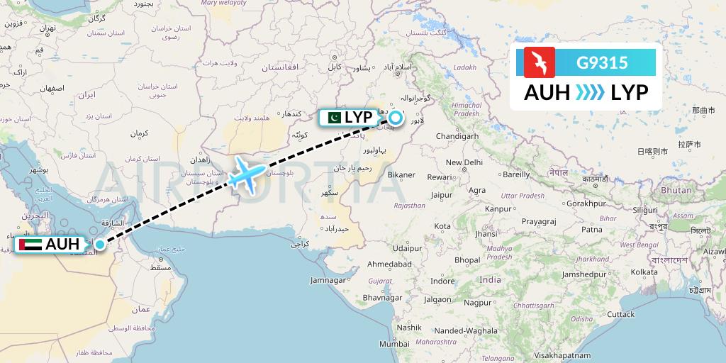 G9315 Air Arabia Flight Map: Abu Dhabi to Faisalabad