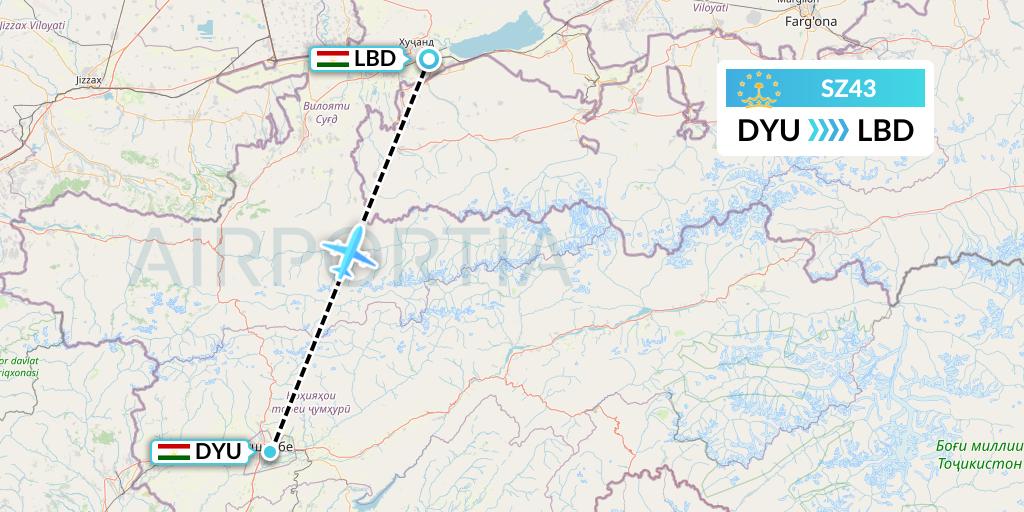 SZ43 Somon Air Flight Map: Dushanbe to Khudzhand